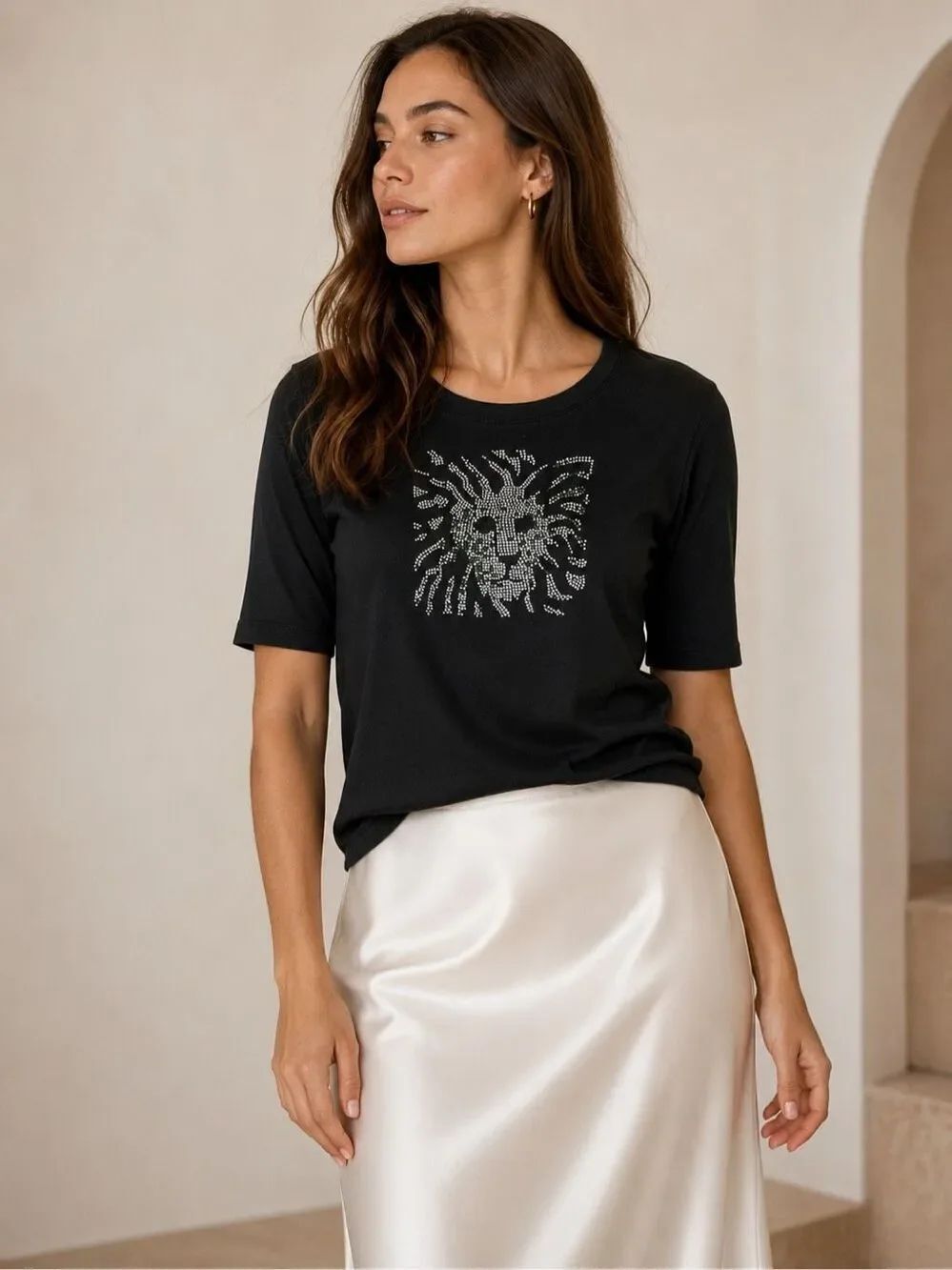 Anne Klein Black Rhinestone Lion Top 3 4 Sleeve Cotton Blend Womens XL